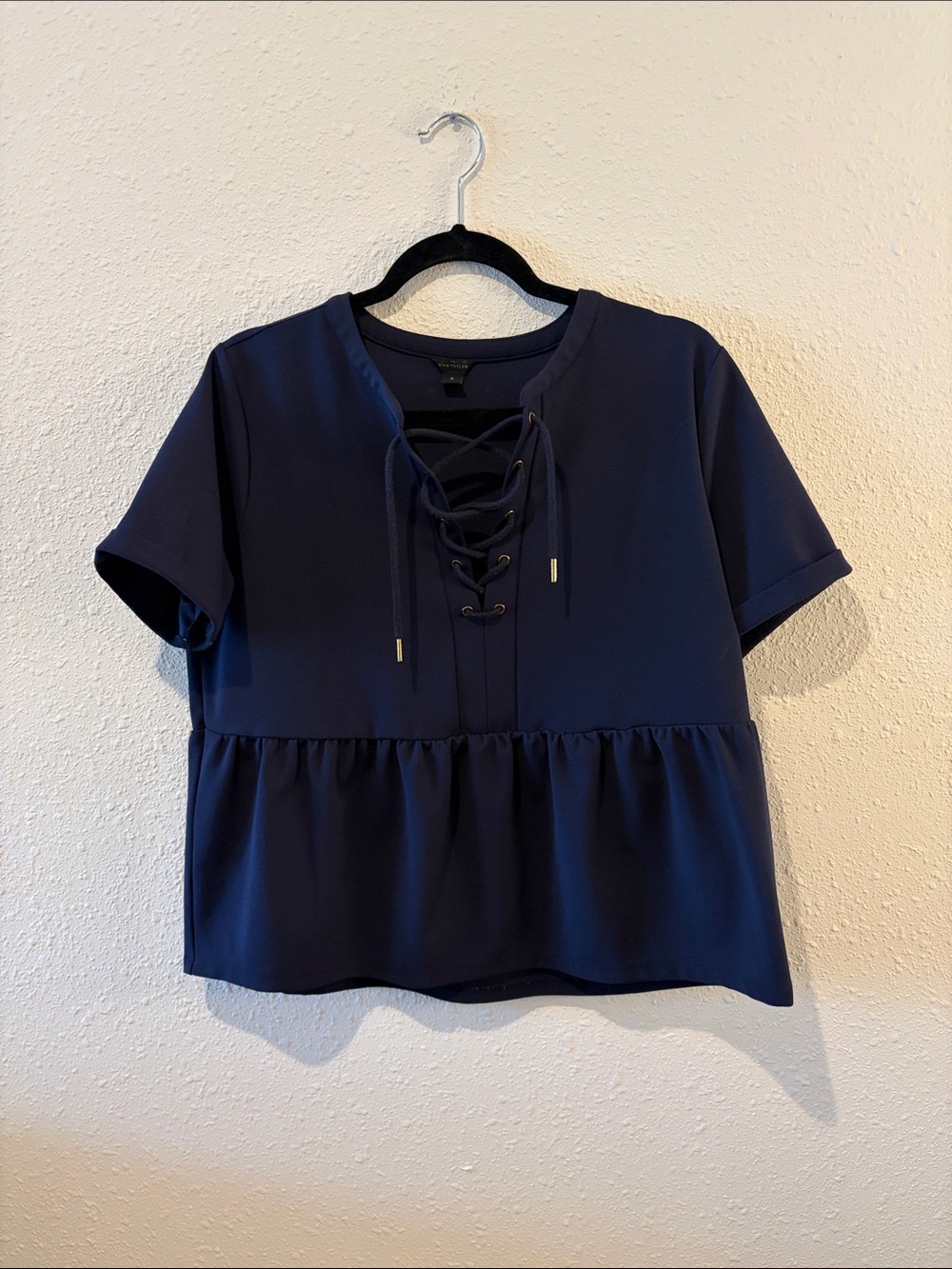 Ann Taylor Navy Lace-Up Peplum Blouse